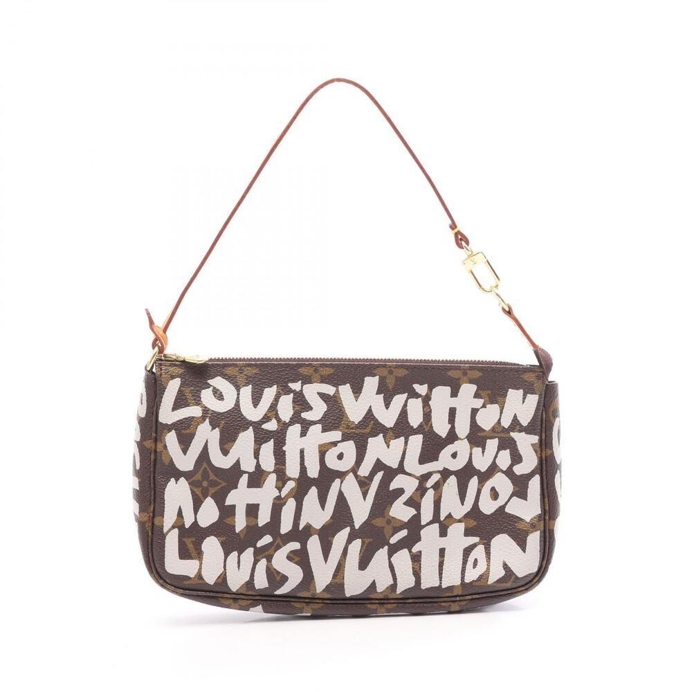 Louis Vuitton Pochette Accessoires Top Handle Bag Canvas Leather Gray Brown